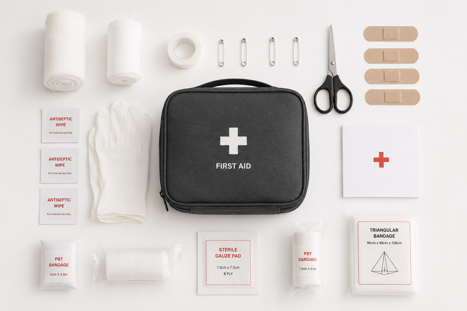 A tidy home first-aid kit, neatly arranged